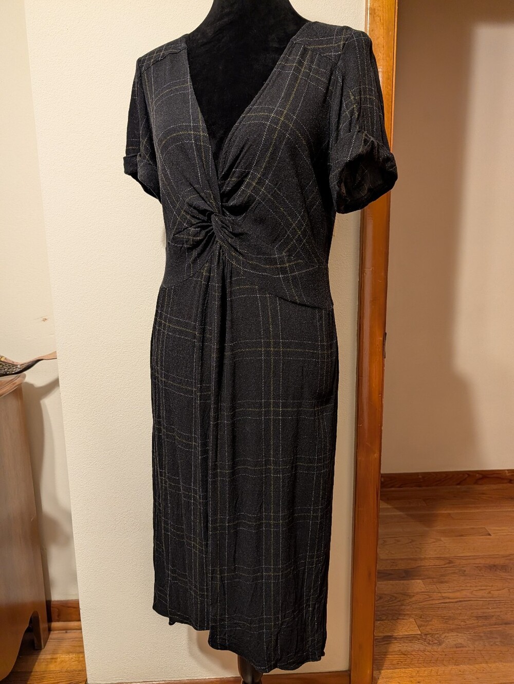 Free People Dark Academia Black Plaid Knotted V Neck High Low Dress